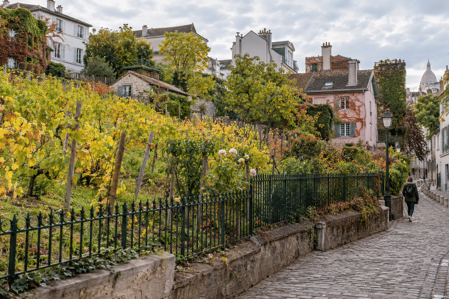 Виноградник Clos Montmartre и тихая улица осенью